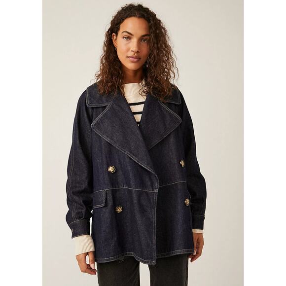 FREE PEOPLE Denim Blue Car Coat Size Large - Picture 1 of 7